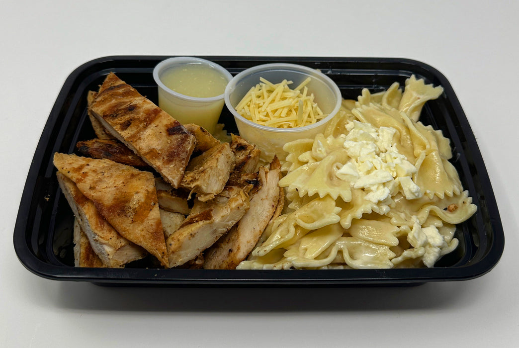 Grilled chicken breast mixed with bow tie pasta, mozzarella balls topped with our low fat Alfredo sauce - West Orange NJ Meal Prep