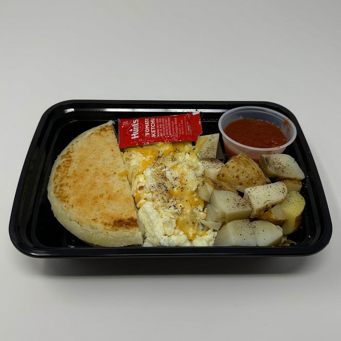 Spartan meal preps - Arepa and eggs dish with fluffy egg whites paired with Colombian arepa and potatoes
