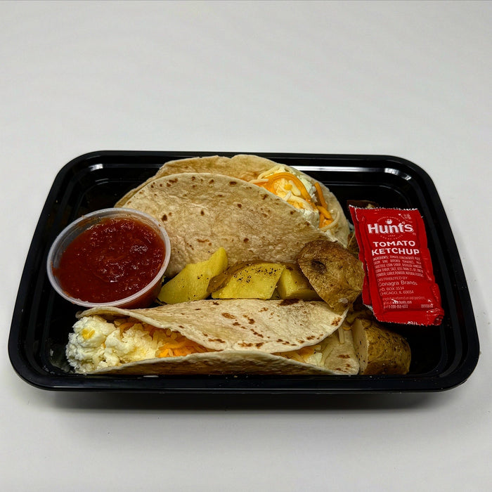 2 flour tortillas stuffed with egg whites, low-fat cheese, turkey bacon bites, seasoned potato cubes with a side of house salsa - Franklin Lakes NJ Meal Prep
