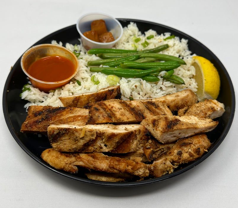 Buffalo grilled chicken breast paired with jasmine rice, green beans and side cup of grilled pineapples - Jersey City NJ Meal Preps