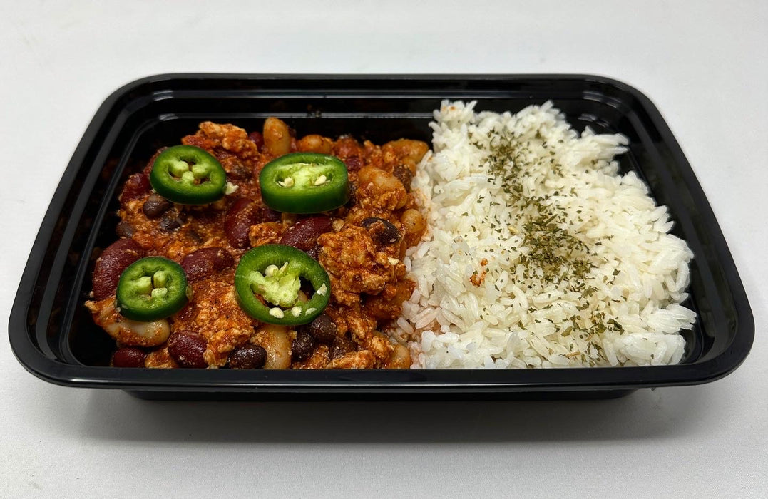 Our Homemade Ground Chicken Chilli served over Jasmine Rice - Newark NJ Meal Prep