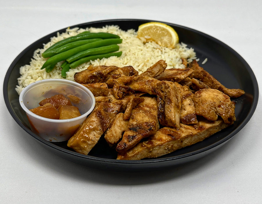 Grilled chicken tossed in teriyaki sauce paired with brown cilantro lime rice with a side of veggies and pineapples - Elizabeth NJ Meal Preps