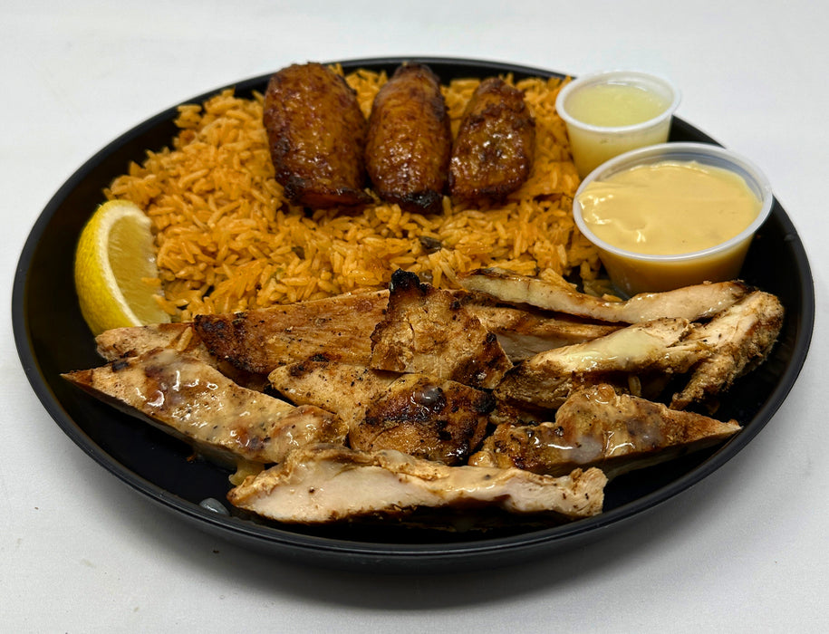 Grilled seasoned chicken paired with rice, gandules sweet plantains and house sauce - Teaneck NJ Meal Preps