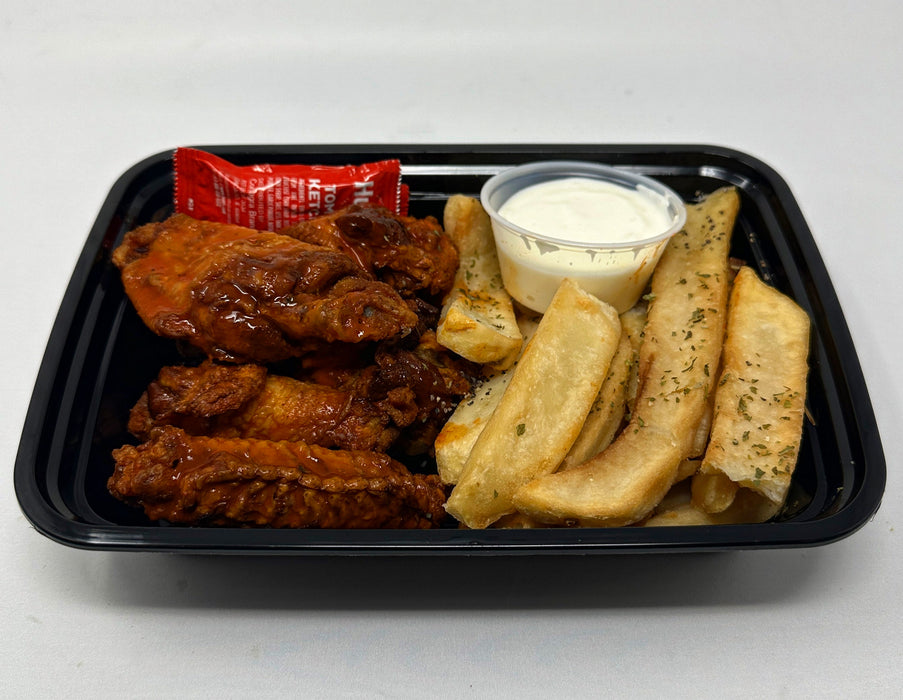 Buffalo wings tossed in our house buffalo sauce paired with steak fries & and blue cheese - Cliffside Park NJ Meal Prep