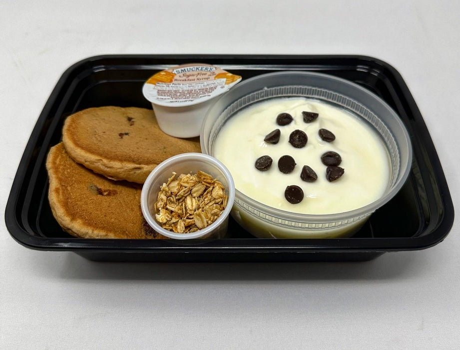 (2) High protein Chocolate Chip Pancakes paired with our high protein low-fat Greek yogurt parfait -Harrison NJ Meal Prep