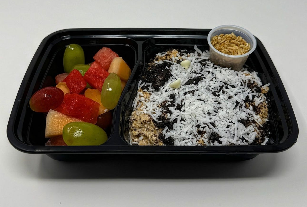 Delicious cookies & cream protein oatmeal infused with crushed Oreo cookie bites and vanilla yogurt chips paired with a fresh fruit salad - Hasbrouck Heights NJ Meal Prep