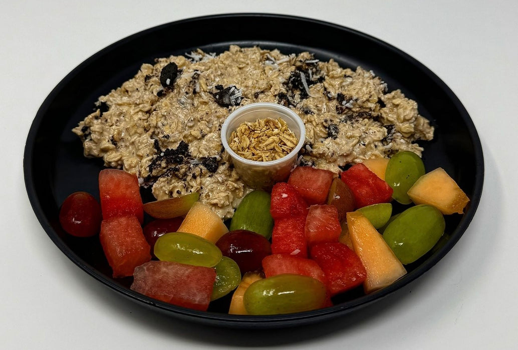 Delicious cookies & cream protein oatmeal infused with crushed Oreo cookie bites and vanilla yogurt chips paired with a fresh fruit salad - Hasbrouck Heights NJ Meal Preps