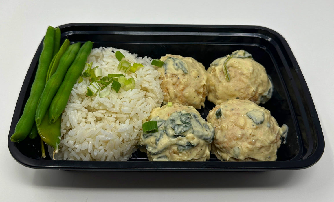 High protein ground chicken meatballs tossed in house creamy garlic parmesan sauce and paired with jasmine rice and green beans - Saddle Brook NJ Meal Prep