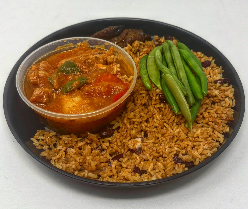 Our Homemade Chicken Stew served with red bean infused rice paired with sweet plantains and green beans - Lodi NJ Meal Preps