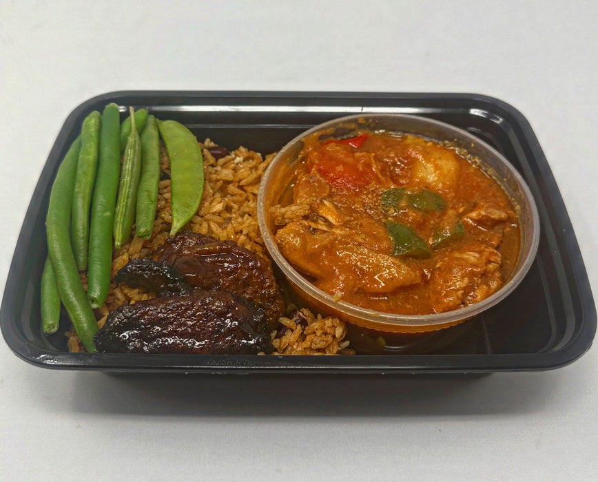 Our Homemade Chicken Stew served with red bean infused rice paired with sweet plantains and green beans - Lodi NJ Meal Prep