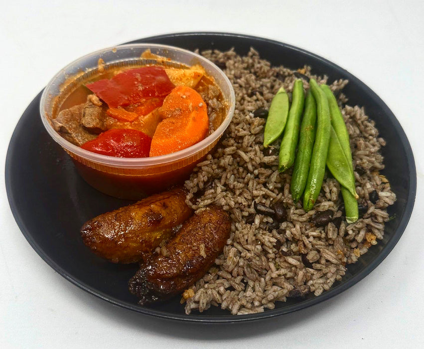 Our Homemade Beef Stew is served with black bean-infused rice paired with sweet plantains and green beans - Wyckoff NJ Meal Preps