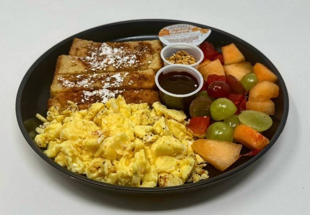 Delicious Cinnamon French Toast sticks paired with our Honduran Fluffy Egg Plater paired with a Fresh Fruit salad - Pomona NJ Meal Preps