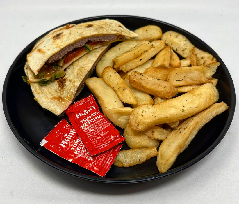 Quesadilla Style Burger stuffed with guava salsa and a side of Steak Fries - Fairfield NJ Meal Preps