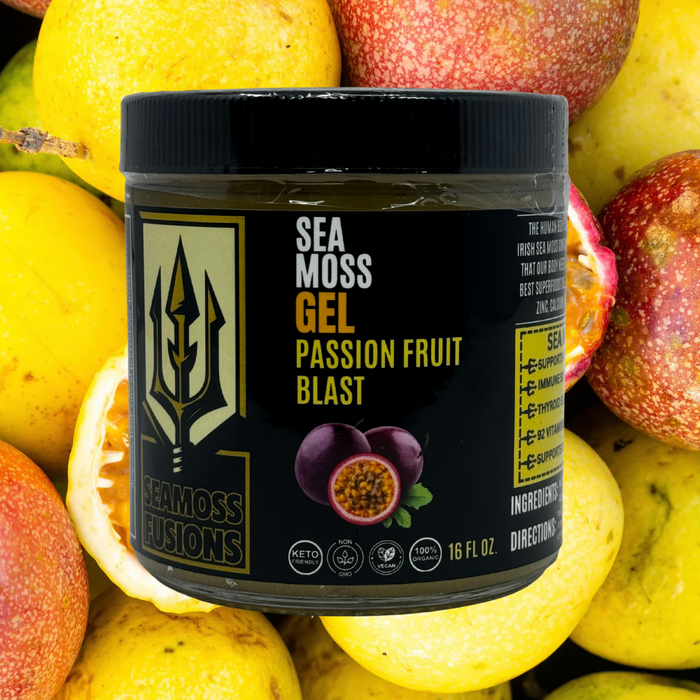 Sea moss gel container labeled 'Passion Fruit Blast' surrounded by passion fruits and lemons.