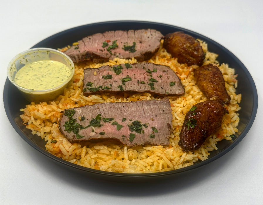 Marinated Steak Medallions paired with yellow rice, sweet plantains, and a side of our house cilantro creamy lime sauce. Paramus NJ Meal Prep