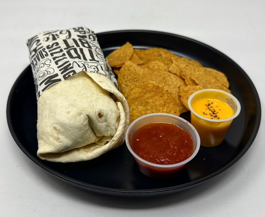 Chipotle shredded chicken burrito filled with brown rice, black beans, corn, and a side of house salsa and reduced sodium chips - Clifton NJ Meal Preps
