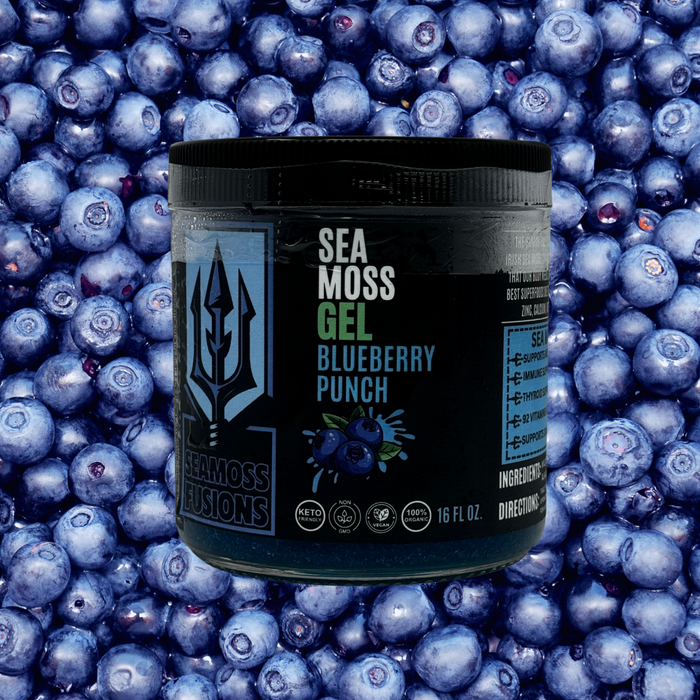 Sea moss gel container labeled 'Blueberry Punch' surrounded by blueberries made by Spartan Meal preps nj a NJ Sea Moss Company