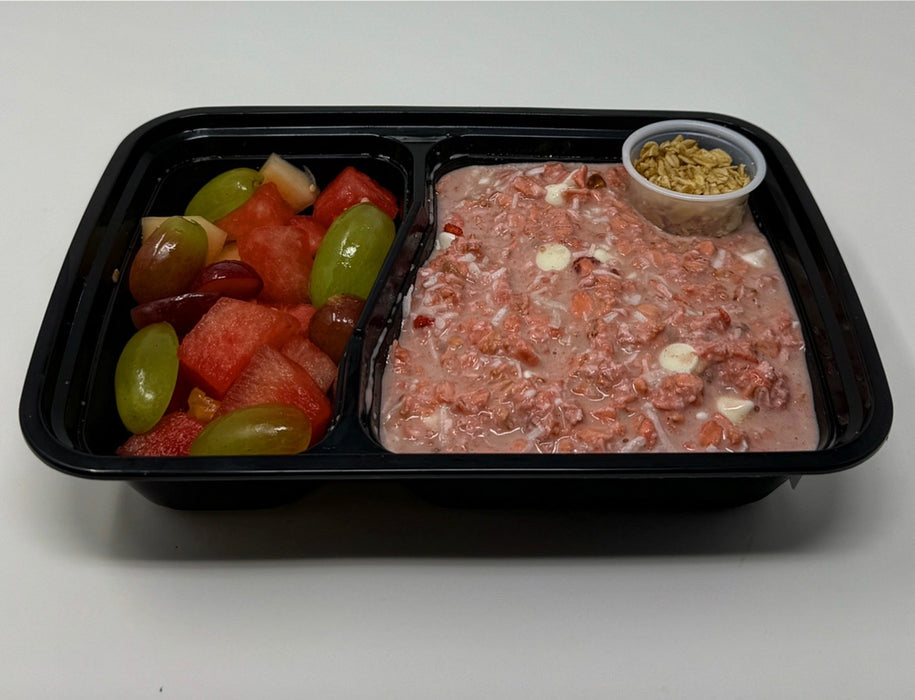 Delicious strawberry protein oatmeal infused with strawberries, coconut, and vanilla yogurt chips paired with a fresh fruit salad - Sparta NJ Meal Prep