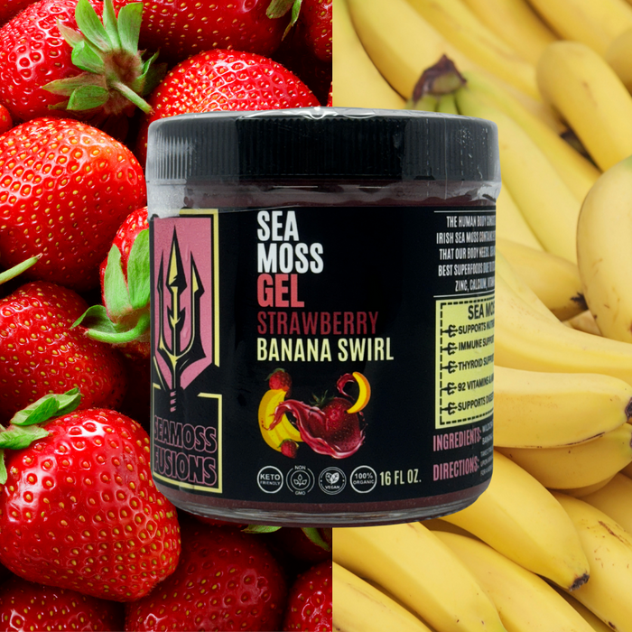 Sea moss gel container with strawberries and bananas in the background