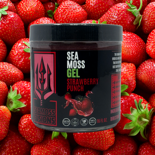 Sea moss gel container labeled 'Strawberry Punch' surrounded by strawberries made by spartan meal preps nj.