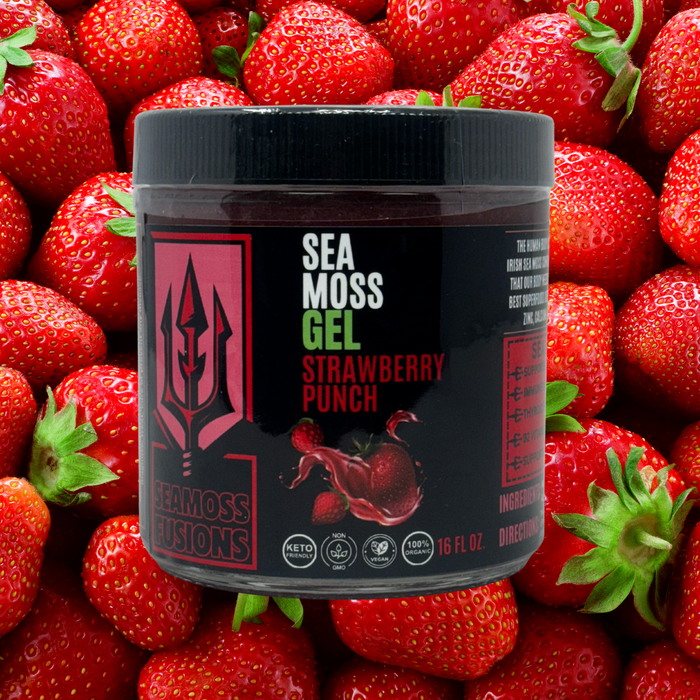 Sea moss gel container labeled 'Strawberry Punch' surrounded by strawberries made by spartan meal preps nj.