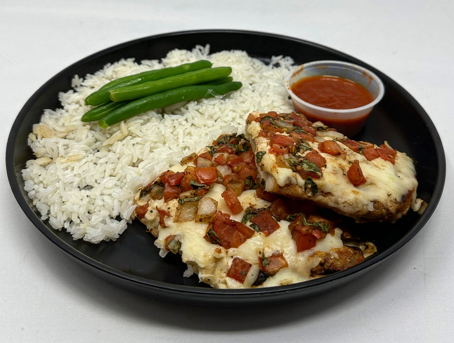 Grilled chicken with melted fresh mozzarella paired with jasmine rice, black beans and a cup of our homemade bruschetta - Westfield NJ Meal Preps