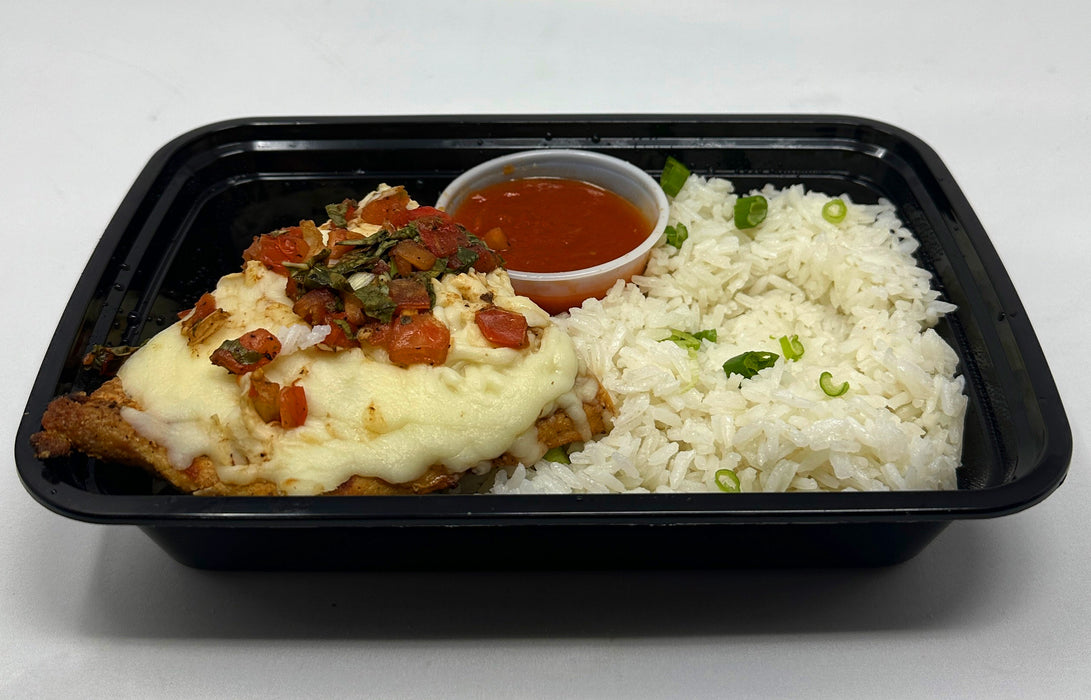 Grilled chicken with melted fresh mozzarella paired with jasmine rice, black beans and a cup of our homemade bruschetta - Westfield NJ Meal Prep