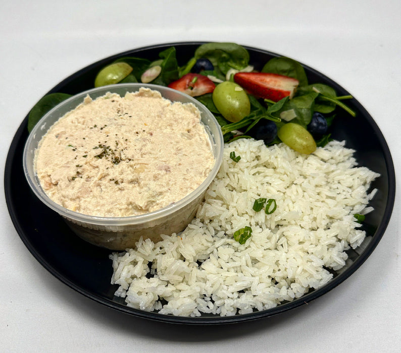 House Tuna salad paired with jasmine rice and house veggie fruit salad.