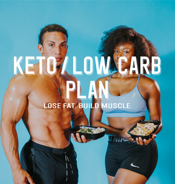 Brandon holding a meal prep with shy holding a meal prep with blue backdrop - meal prep delivery