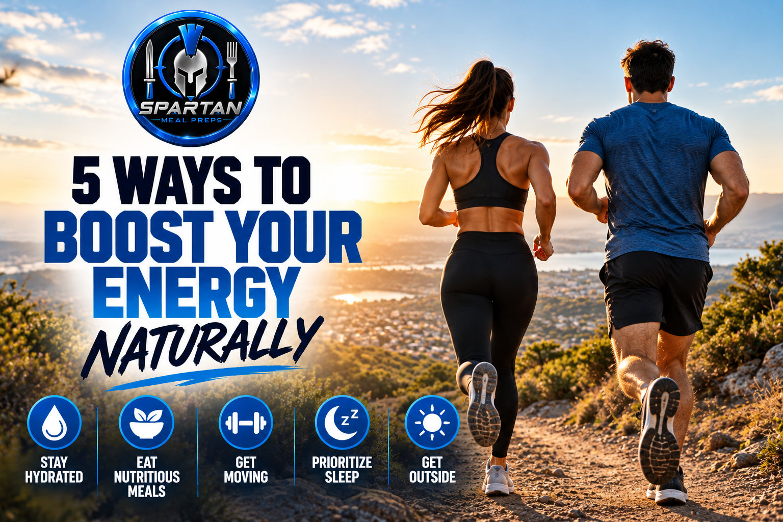 Two fit athletes, a man and woman, running outdoors on a scenic trail at sunrise, viewed from behind. Spartan Meal Preps highlights 5 natural ways to boost energy through hydration, healthy nutrition, exercise, quality sleep, and outdoor activity.