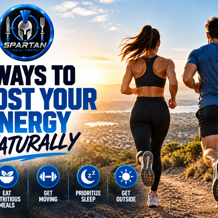 Two fit athletes, a man and woman, running outdoors on a scenic trail at sunrise, viewed from behind. Spartan Meal Preps highlights 5 natural ways to boost energy through hydration, healthy nutrition, exercise, quality sleep, and outdoor activity.