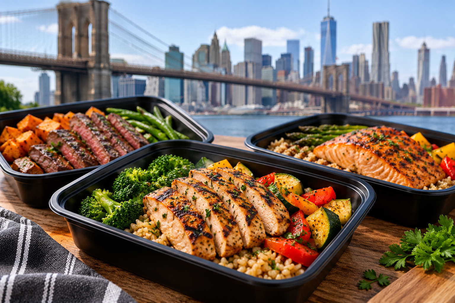 Healthy meal prep delivery in Brooklyn, NY featuring grilled chicken, salmon, steak, fresh vegetables, and nutritious prepared meals with the Brooklyn Bridge and NYC skyline in the background.