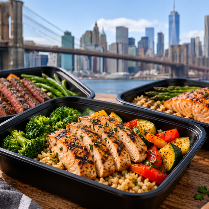 Healthy meal prep delivery in Brooklyn, NY featuring grilled chicken, salmon, steak, fresh vegetables, and nutritious prepared meals with the Brooklyn Bridge and NYC skyline in the background.