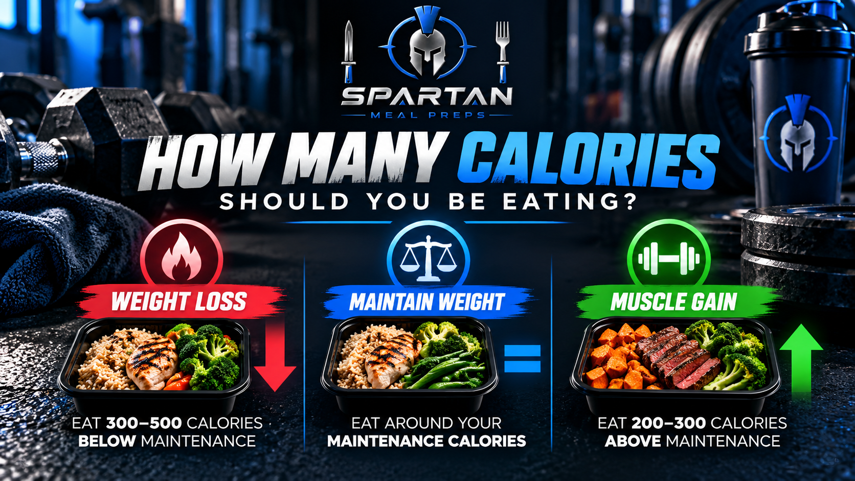 Spartan Meal Preps calorie guide showing how many calories to eat for weight loss, weight maintenance, and muscle gain, featuring healthy high-protein meal prep containers and fitness icons.