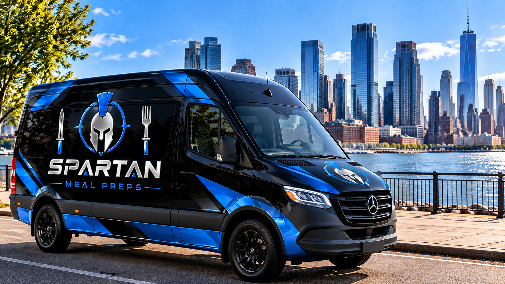 Spartan Meal Preps branded delivery van featuring the blue Spartan logo along the Jersey City, NJ waterfront, representing healthy meal prep delivery and high-protein prepared meals in Jersey City, New Jersey.