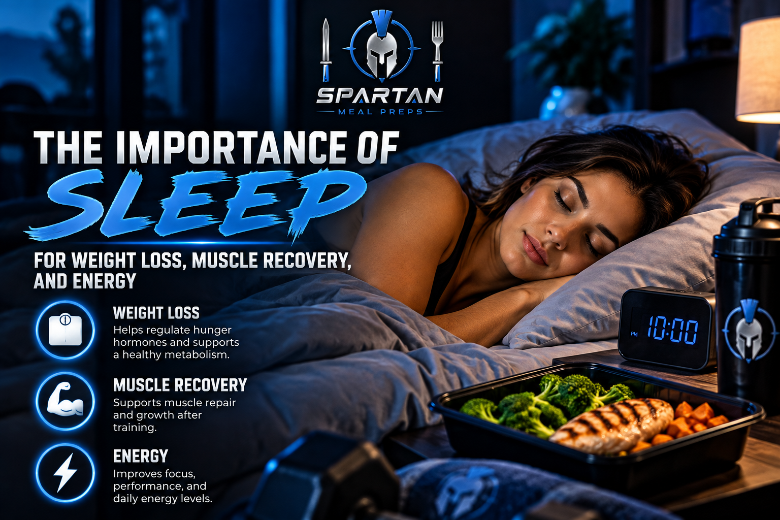 Spartan Meal Preps lifestyle blog image featuring a woman sleeping peacefully, healthy meal prep, and fitness icons highlighting the importance of sleep for weight loss, muscle recovery, and daily energy.