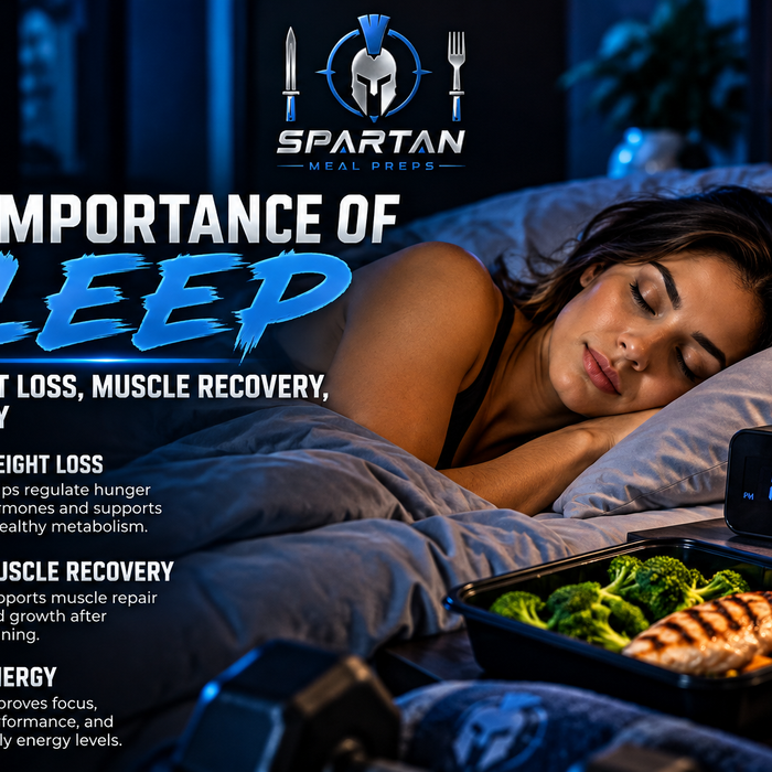 Spartan Meal Preps lifestyle blog image featuring a woman sleeping peacefully, healthy meal prep, and fitness icons highlighting the importance of sleep for weight loss, muscle recovery, and daily energy.