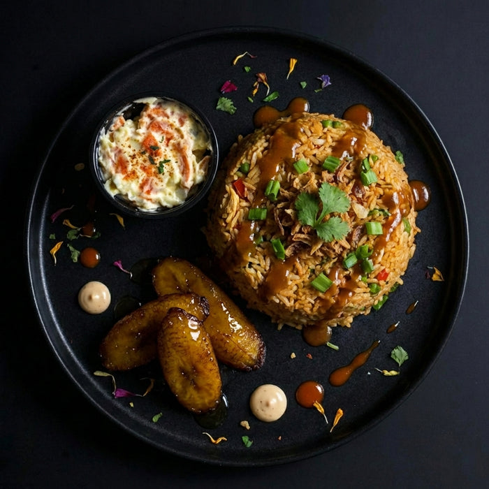 Plated dish with fried rice, roasted potatoes, and a side of coleslaw on a dark background