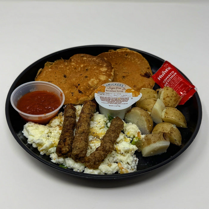 Breakfast Sampler - Pancakes paired with eggs, turkey sausage and potatoes - hoboken meal delivery
