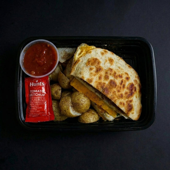 Black tray with a quesadilla, potato wedges, and a packet of ketchup on a dark background