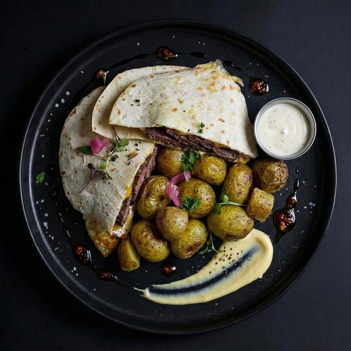 Plated dish with tortilla wraps, roasted potatoes, and a side of sauce on a dark background