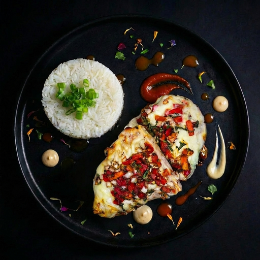 Plated dish with chicken breast, rice, and vegetables on a dark background