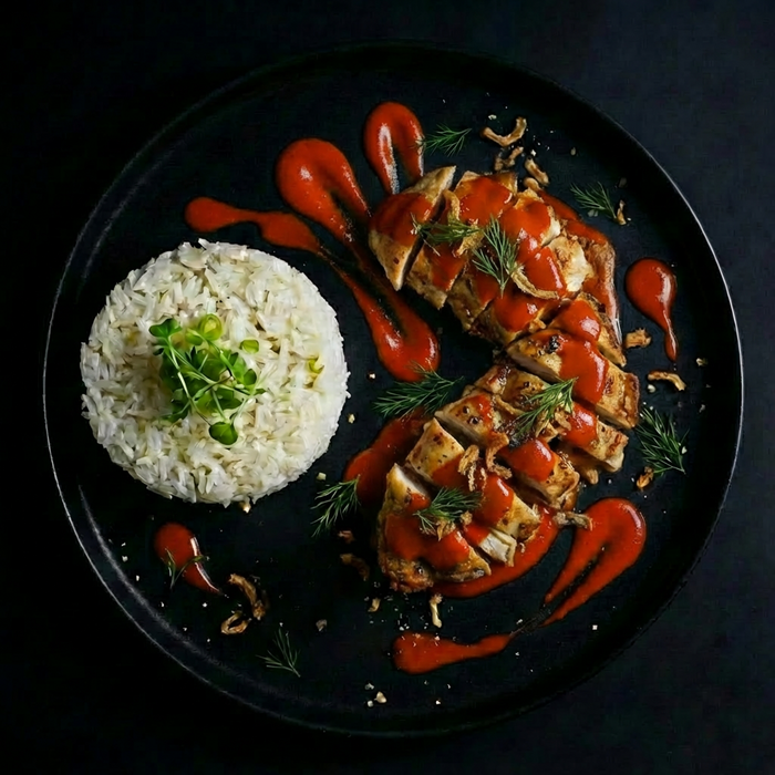 Plated dish with sliced meat, rice, and red sauce on a dark background
