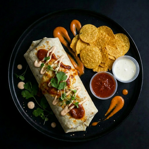 Burrito with toppings, tortilla chips, and sauces on a black plate