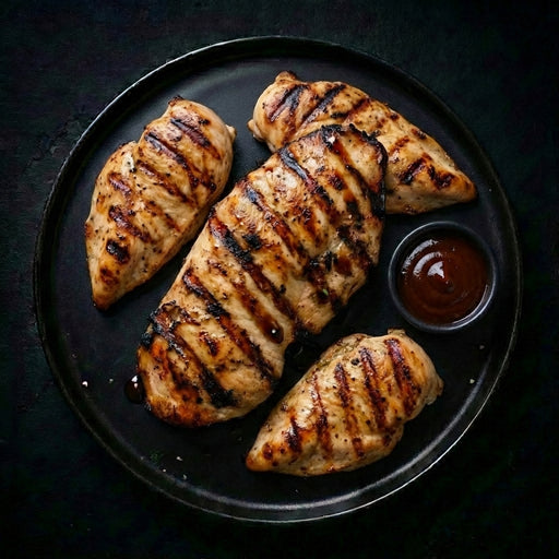 Grilled chicken breast on a black plate with a side of barbecue sauce.