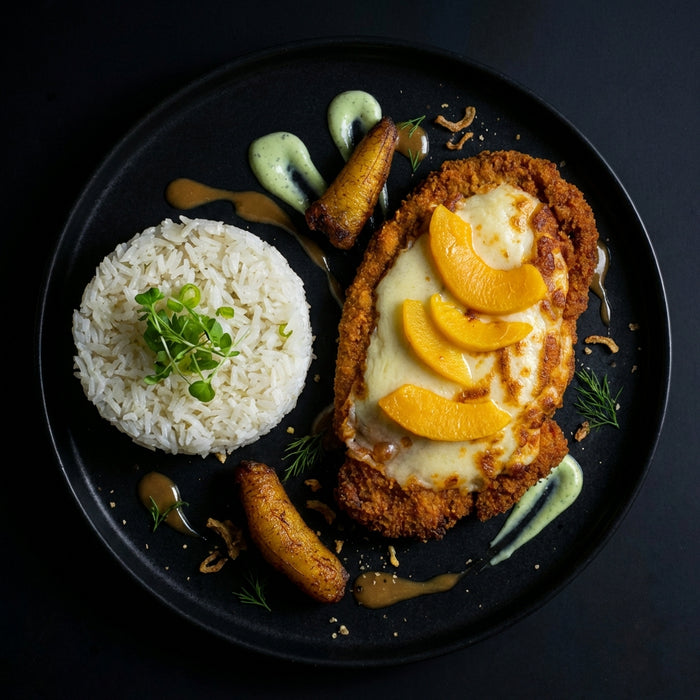 Plated dish with breaded dish, rice, and vegetables on a dark background
