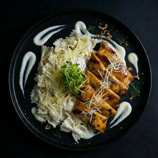 Plated dish with noodles, tofu, and garnishes on a dark background