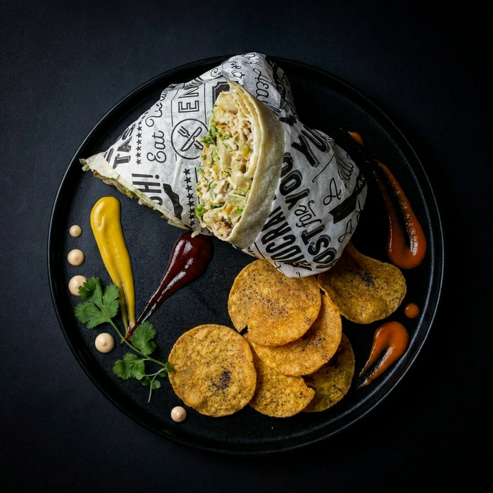 Burrito on a black plate with tortilla chips, sauces, and garnishes on a dark background