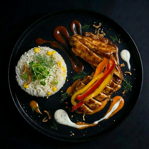 Plated dish with rice, meat, and vegetables on a dark background