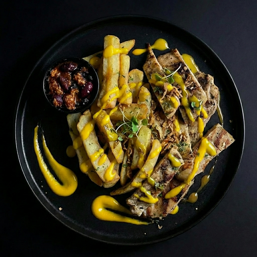 Plated dish with fries and meat garnished with mustard on a black background